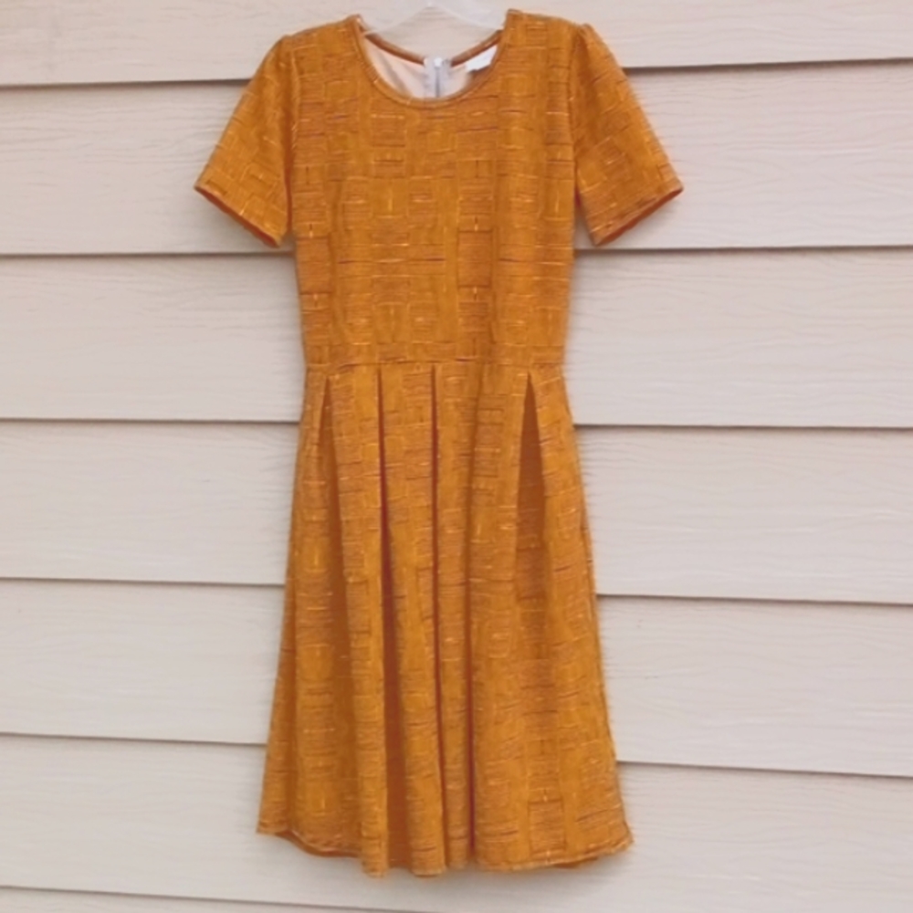 Lula Roe gold short sleeve midi dress, size S, great condition